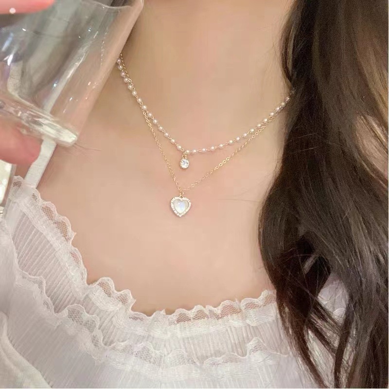 Kalung Rantai Klavikula Model Double Layer Aksen Mutiara Gaya Korea Untuk Wanita