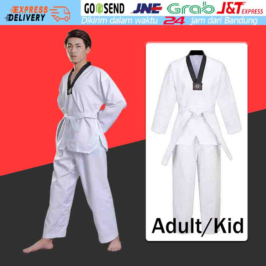 Dobok Baju Taekwondo Seragam Pemula Kerah Hitam untuk Dewasa dan Anak Baju Beladiri