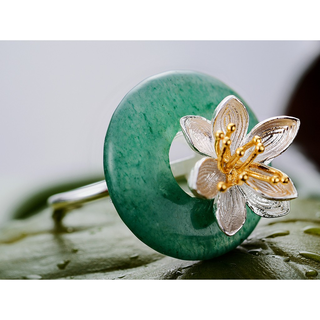 SERI SERI Cincin Wanita Perak 925 Asli Jade Lotus Wanita Sterling Silver Adjustable Ring Daun