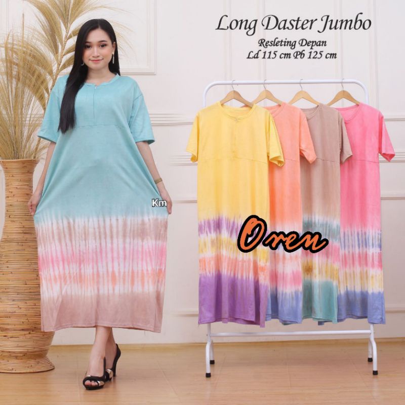 Daster Kaos Jumbo Resleting Depan Busui Motif Tiedye Jumputan Pelangi Batik Pekalongan Kekinian