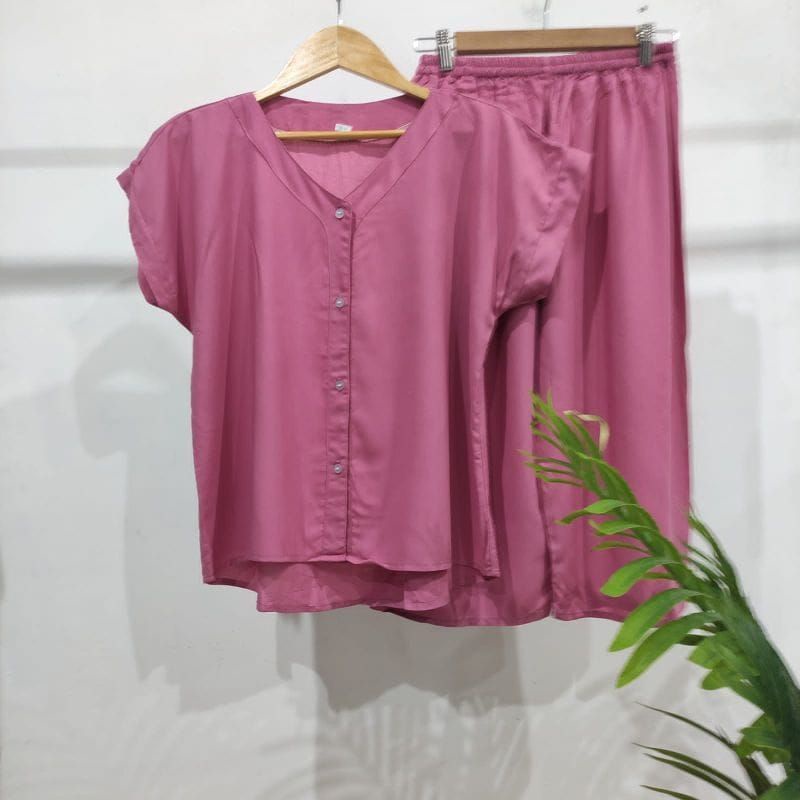 PIYAMA POLOS KANCING | PIYAMA BUSUI | BAJU SANTAI MURAH | HOMEDRESS MURAH | HOMEWEAR MURAH-VN 7/8 DUSTY PINK
