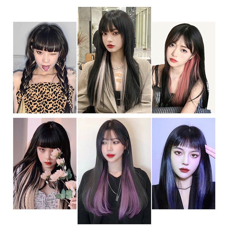 [ACKER] Wanita Multicolor Rambut Ekstensi Wig Potongan Rambut Manusia Warna Sementara Poni Ekstensi Klip Rambut Palsu Sorotan Ekstensi Klip Sintetis Potongan One Piece Patch