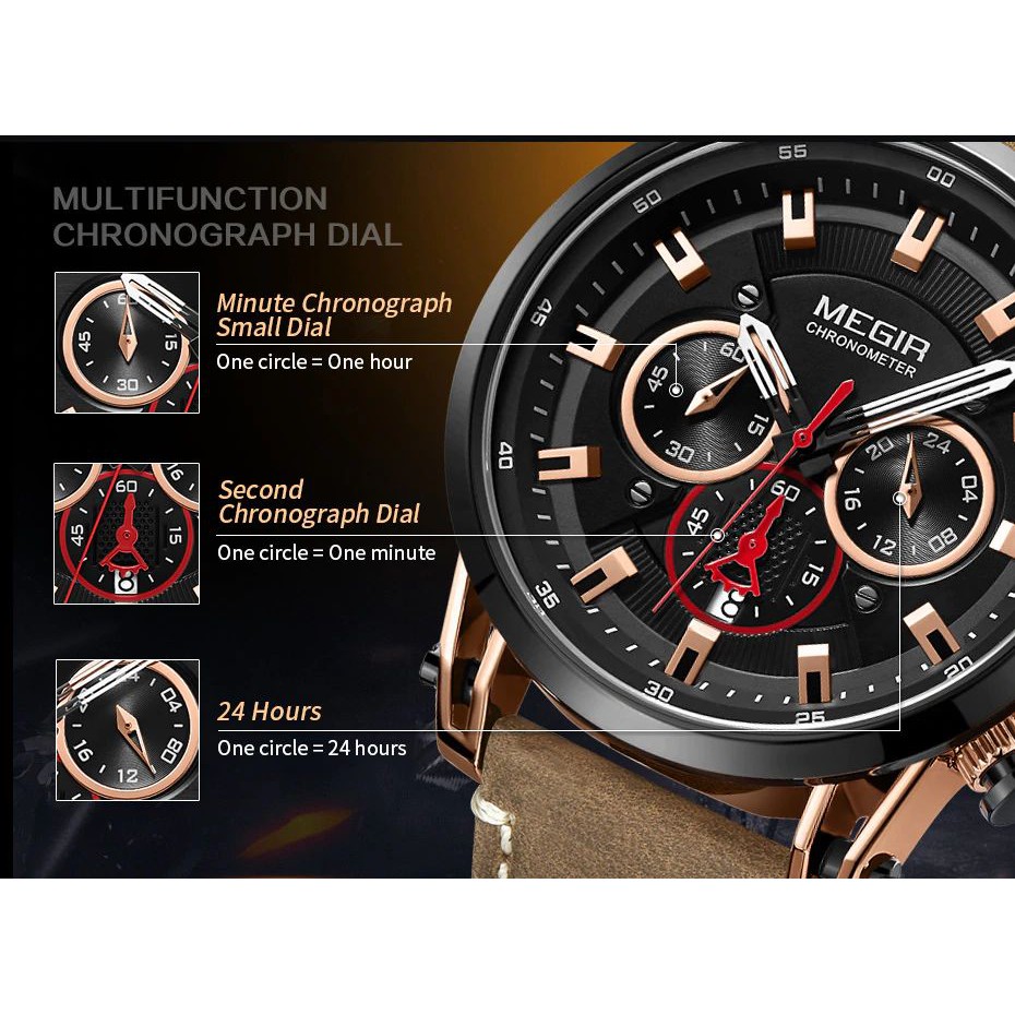 MEGIR 2085 Jam Tangan Pria Analog Chronograph Tali Kulit WATCHKITE WKOS