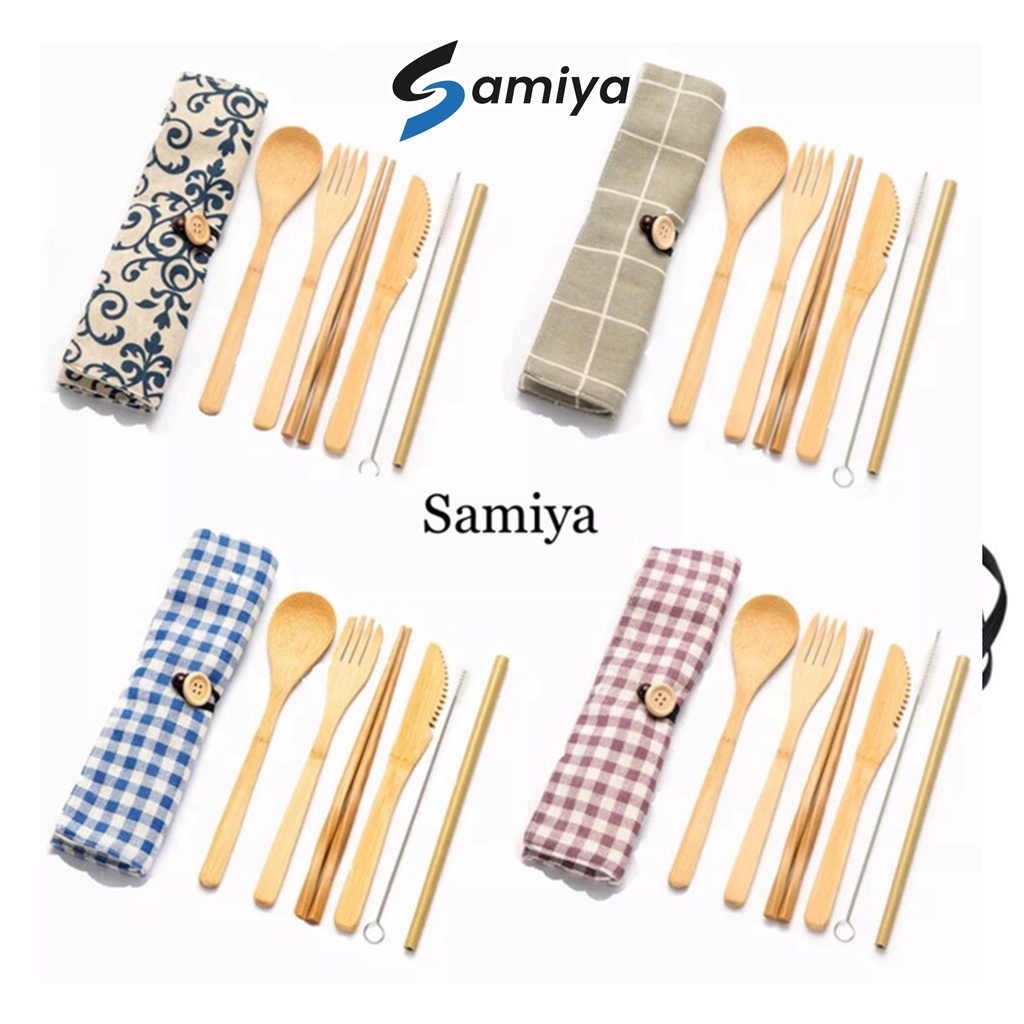 Paket alat makan set sendok garpu sumpit sedotan bambu / bamboo cutlery set / alat makan portable