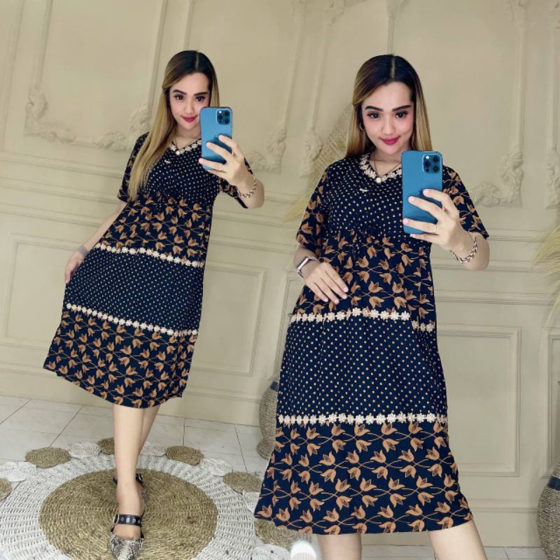 Daster Susun 2 Motif Kekinian Isyana Sarasvati Rayon Resleting Depan Busui Bunga Tulip ft Polkadot