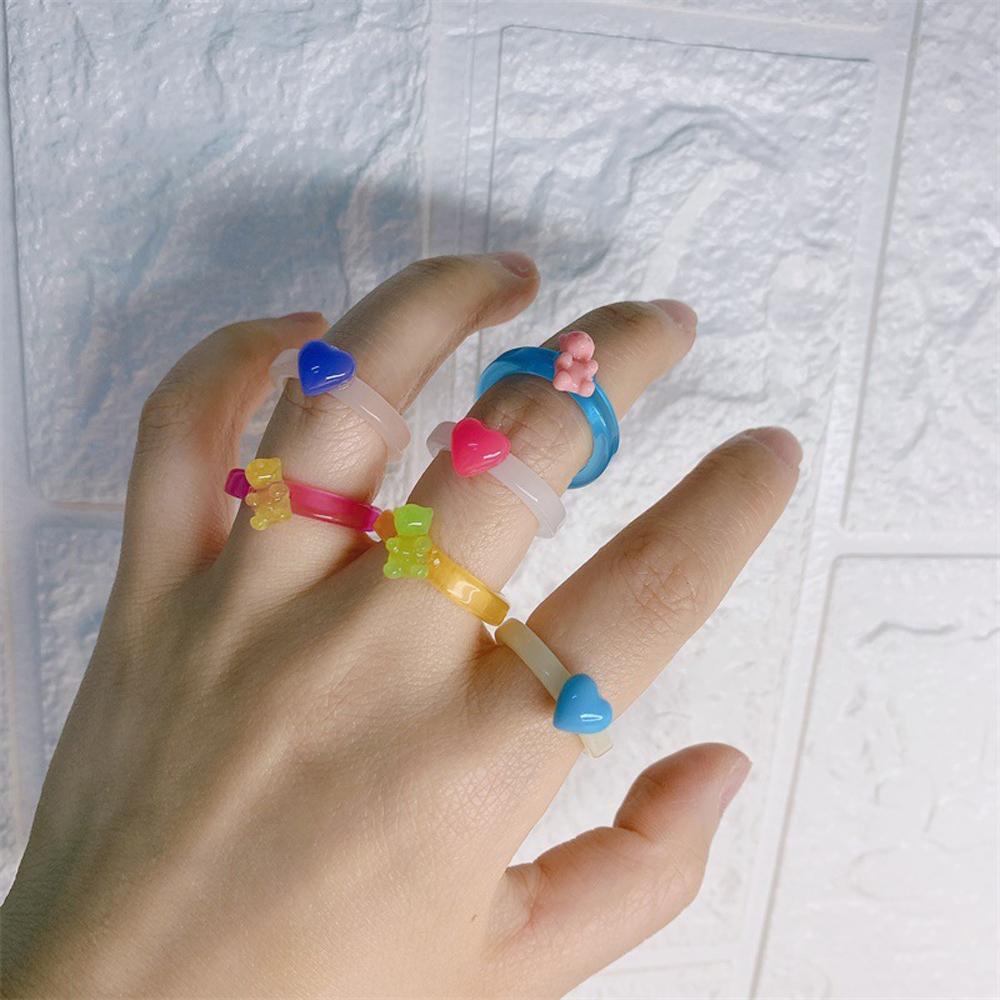 Agustinina Bear Cincin Resin 2pcs/set Gadis Geometris Transparan Manis Untuk Wanita Fashion Jewelry