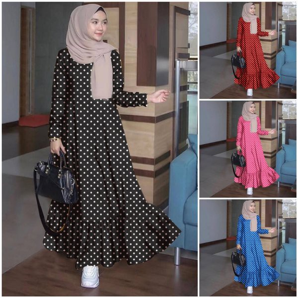 Pakaian Wanita F2lx kembangan polkadot busui maxi dress terusan gamis syari hitam hijab baju