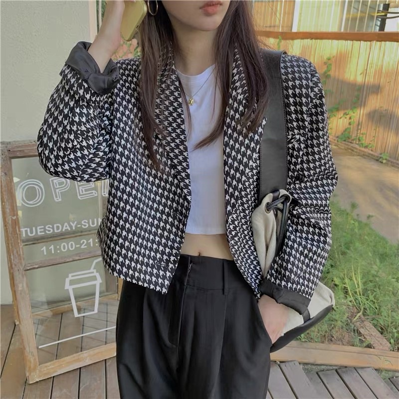 [ready stock] lunna crop blazer | atasan outer gaya korea kotak kotak houndstooth hitam putih garis