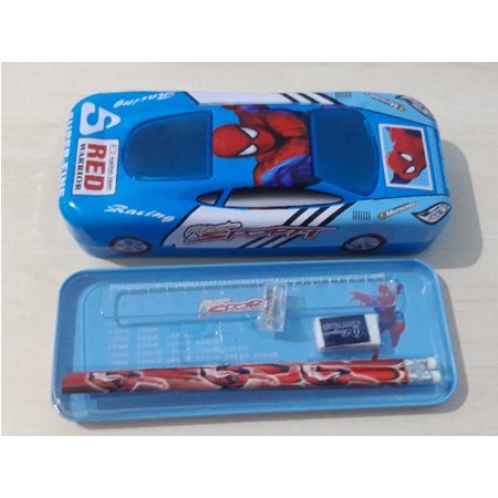PENCIL CASE - TEMPAT PENSIL KALENG MOBIL BESAR 2 TINGKAT IRONMAN AVENGERS CAPTAIN AMERICA SPIDERMAN CARS SUPERMAN DORAEMON - PAKET ALAT TULIS SEKOLAH LENGKAP-Spiderman 02