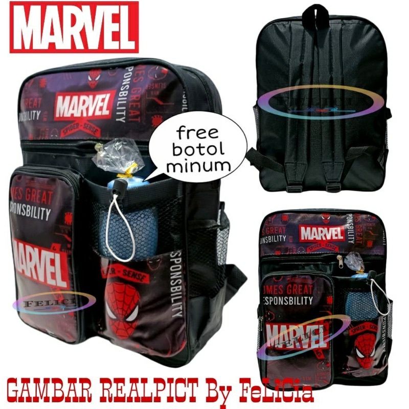 Tas Ransel 3in1 anak sekolah original Marvel Ransel+waistbag+topi bonus botol minuman