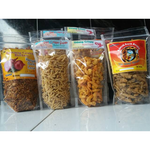 

Teri crispy 50gr 3pac...udang crispy 50gr 3pac...wader crispy 100gr 2pac...bawang goreng 100gr 2pac