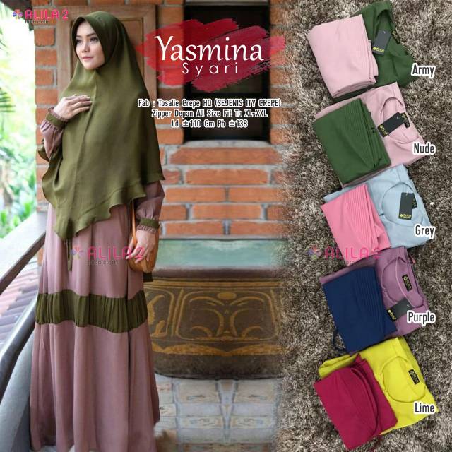 YASNINA SYARI ORI ALILA GAMIS SET KHIMAR LONG DRESS BUSUI JUMBO DRESS POLOS GAMIS SYARI ITY CREPE