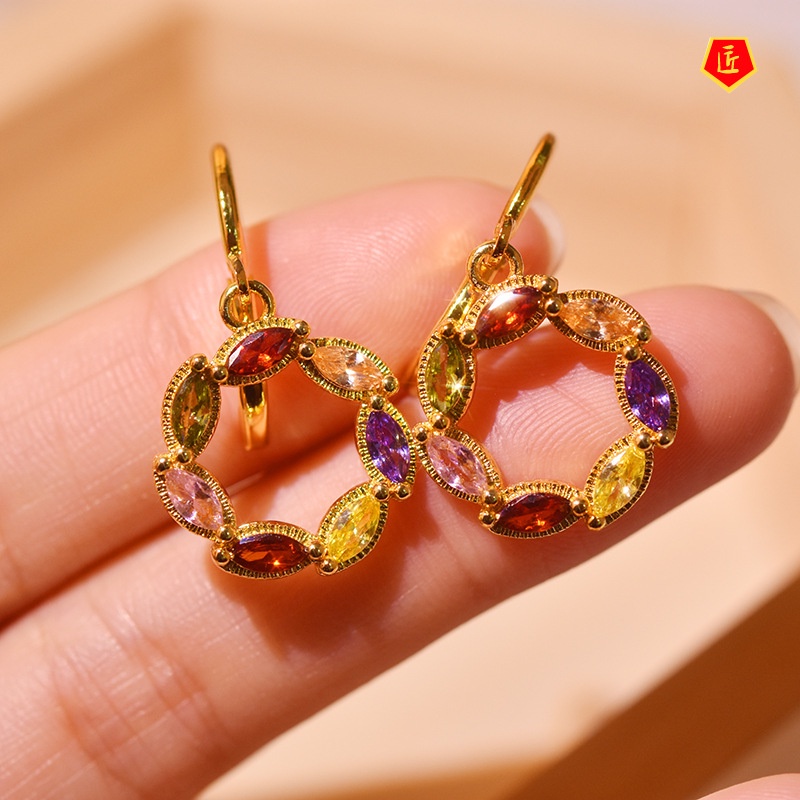 [Ready Stock]Temperament 18K Gold Geometric Shape Colored Gems Earrings