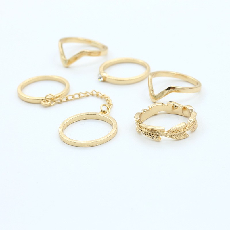 6pcs / Set Cincin Emas Perak Mode Mode Cincin Set Individu Dengan Daun Berlian V-Fingered Joint