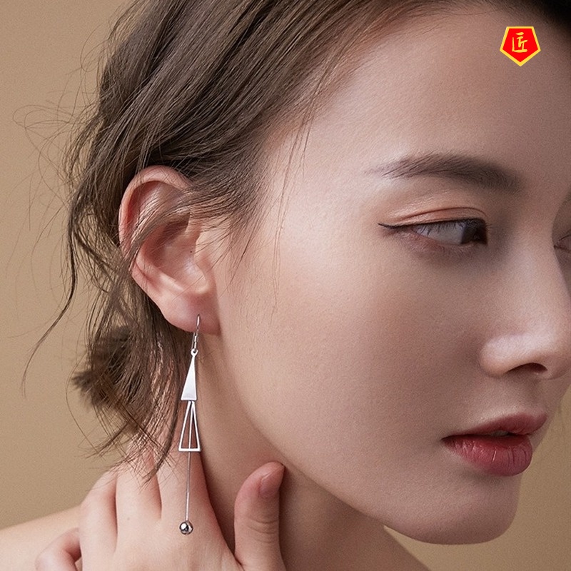 [Ready Stock]Geometric Earrings Women's Elegant Long Silver Simple All-Match