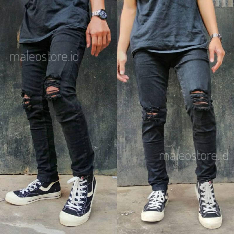 CELANA JEANS PRIA PANJANG SOBEK LUTUT RIPPED JEANS SOFTJEANS SLIMFIT HITAM ROBEK KOYAK RIPPER DESTROY PREMIUM MELAR MURAH REALPICT