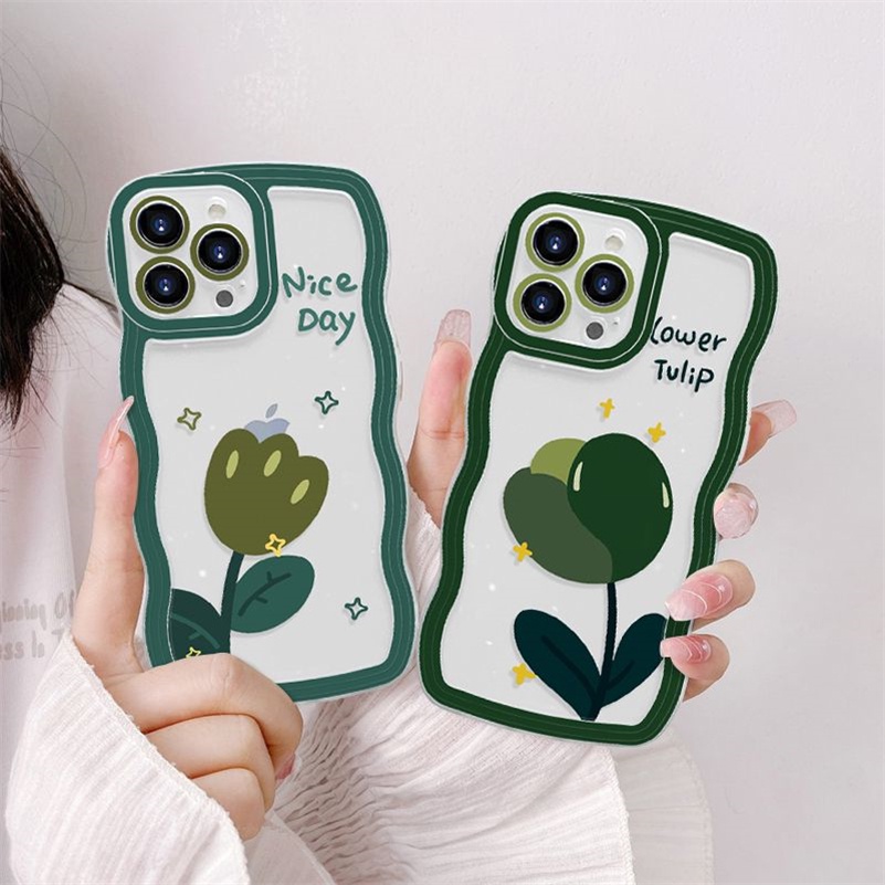 Soft Case Silikon Transparan Motif Bunga Hijau Untuk iPhone 14 13 12 11 Pro Max X Xr Xs Max 8 7 6 6s Plus