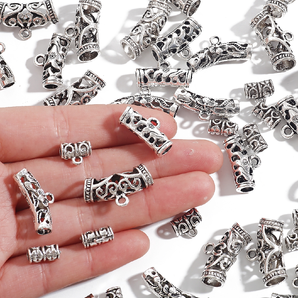 10pcs Manik-Manik Tabung Spacer Bahan Metal Warna Silver Tibet Untuk Membuat Perhiasan Charms