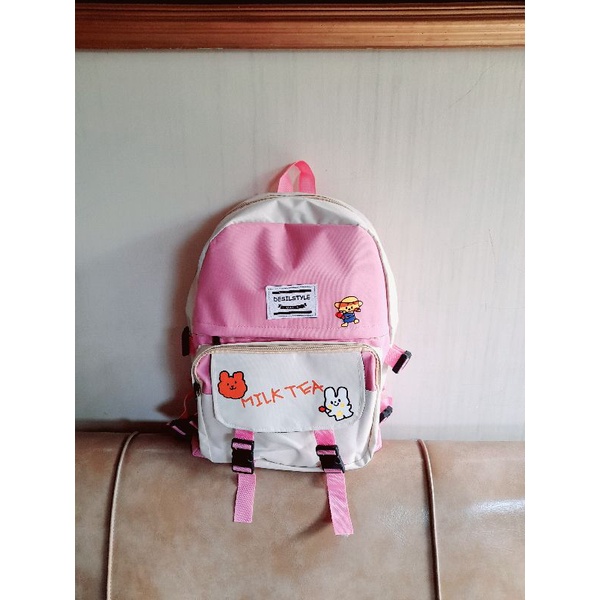 BIG RAMADHAN SALE TAS RANSEL WANITA KOREAN STYLE/HARAJUKU STYLE/TAS SEKOLAH SD SMP SMA #TASGAMBARMILKTEA-Milk Tea Pink