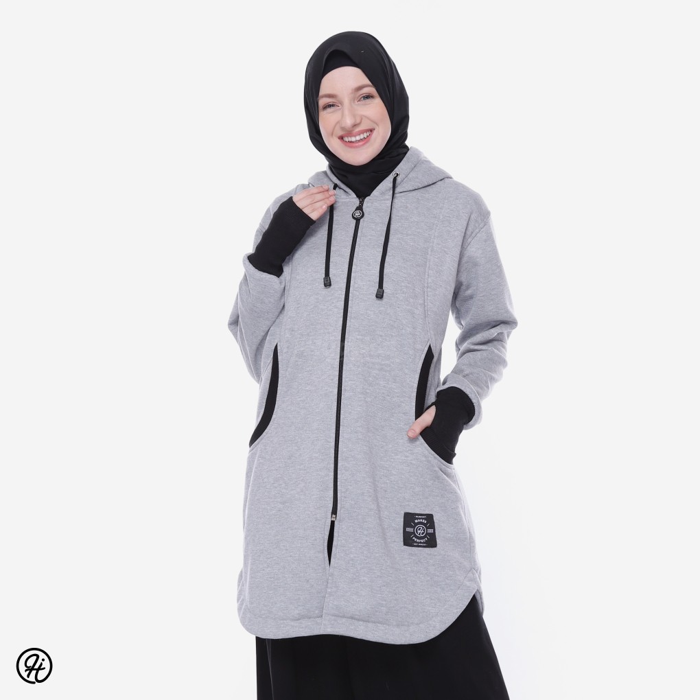 HIJACKET ELEKTRA | HIJAKET JAKET HIJAB PANJANG WANITA MUSLIMAH SYAR'I-Grey