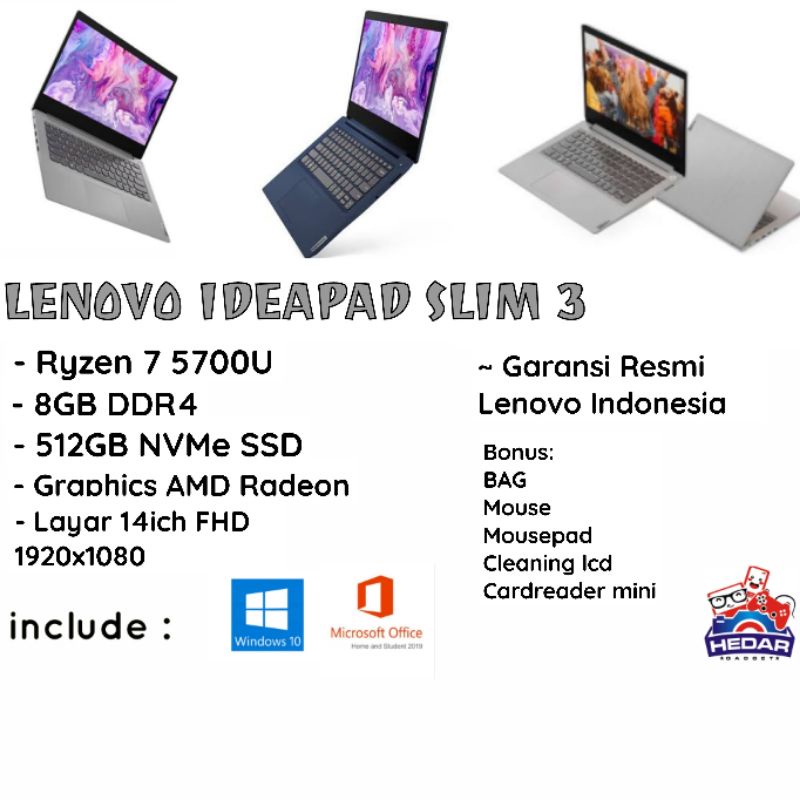 Lenovo Ideapad slim 3 Ryzen 7 5700U 8GB 512GB Radeon W10 OHS 14 FHD