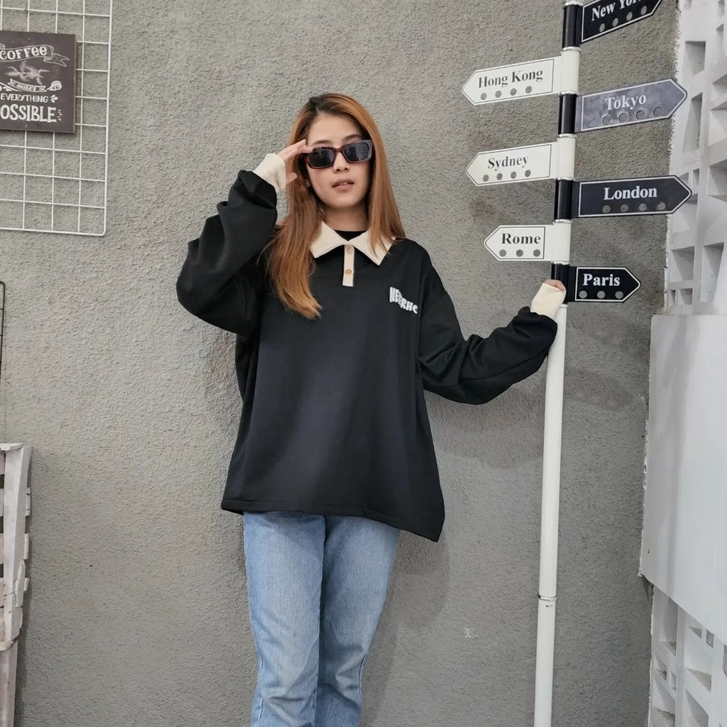 NEVER HOW COLAR 2XL Sweater Crewnewck Pria Wanita Oversize Kekinian Outerwear Bigsize Ala Korean Outfit Kasual Kekinian