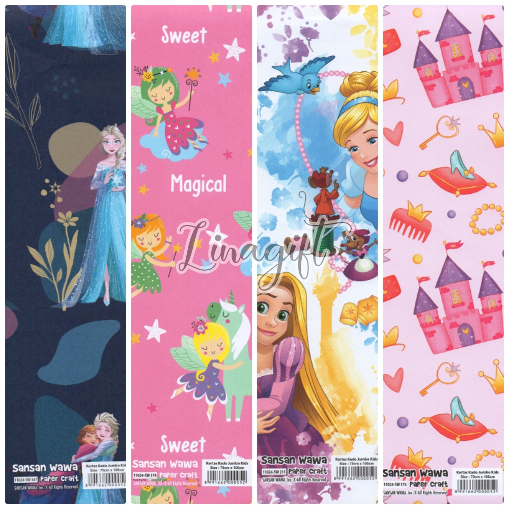 ( 5 Lembar ) JUMBO PRINCESS SANWA - KERTAS KADO - GIFT WRAP PAPER SANSAN WAWA ISTANA PUTRI RUMAH CASTLE CLOUD WHITE / PINK / BLUE / FUSHIA / FROZEN ELSA ANNA / DISNEY PRINCESS CINDERELLA SNOW WHITE