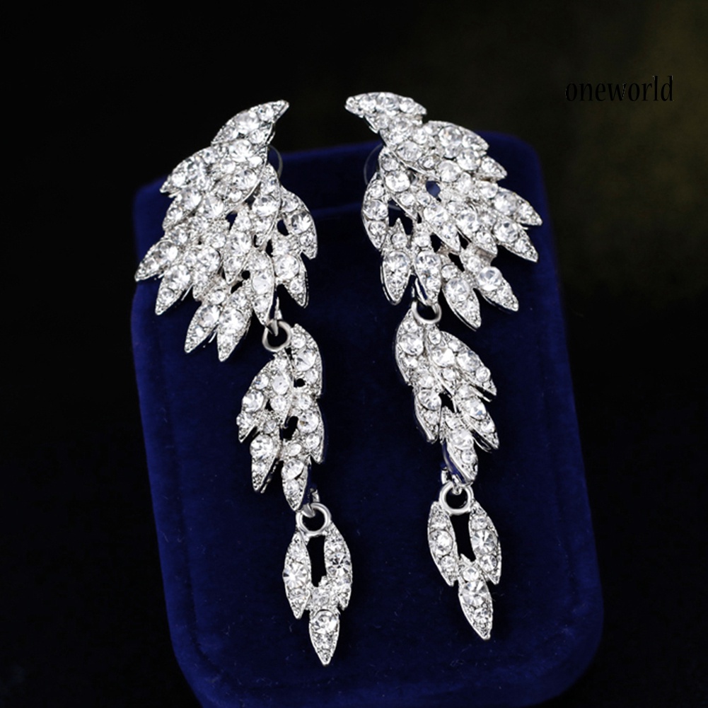 OW@ Elegant Full Rhinestones Wing Dangle Drop Pierced Earrings Women Wedding Jewelry