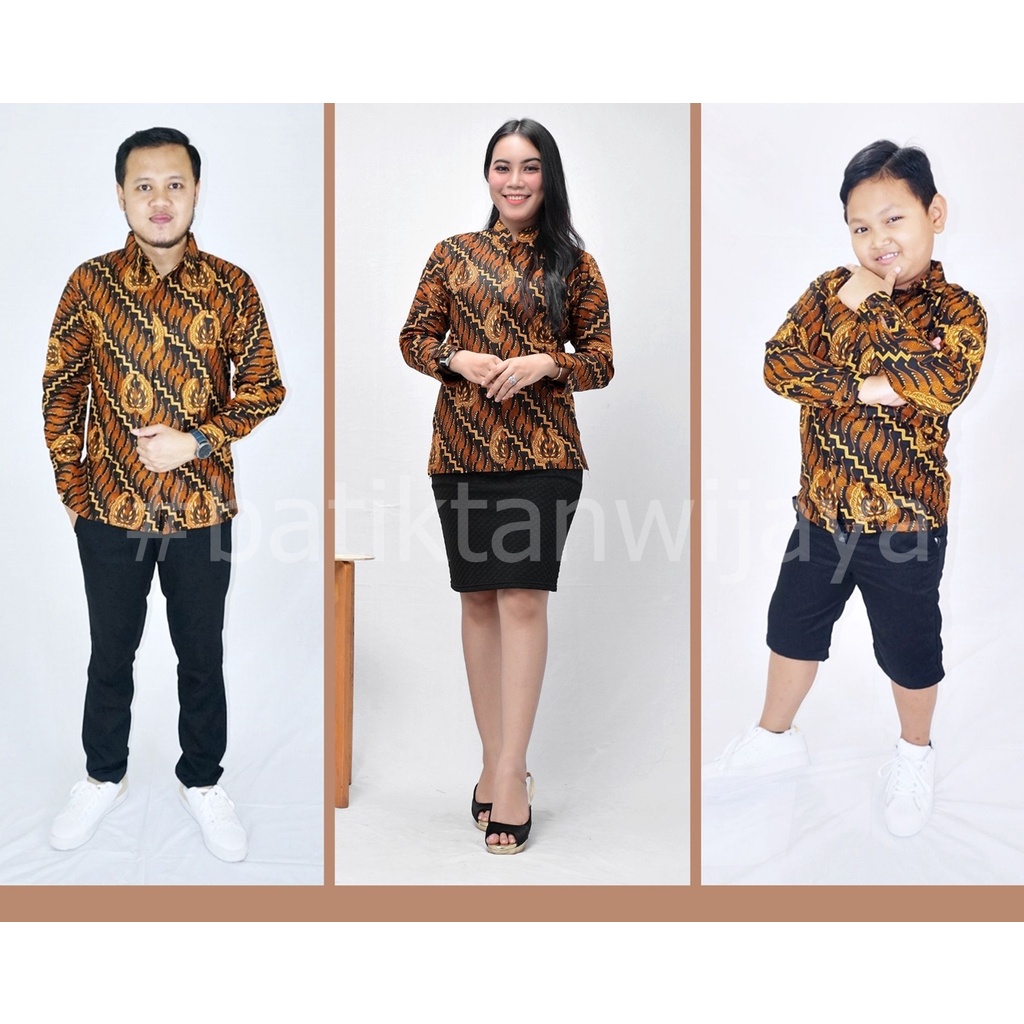 Kemeja Batik Ayah Ibu Anak Laki Laki Usia 1-14 Tahun Bahan Katun Sogan Jogja Lengan Panjang Baju Cou