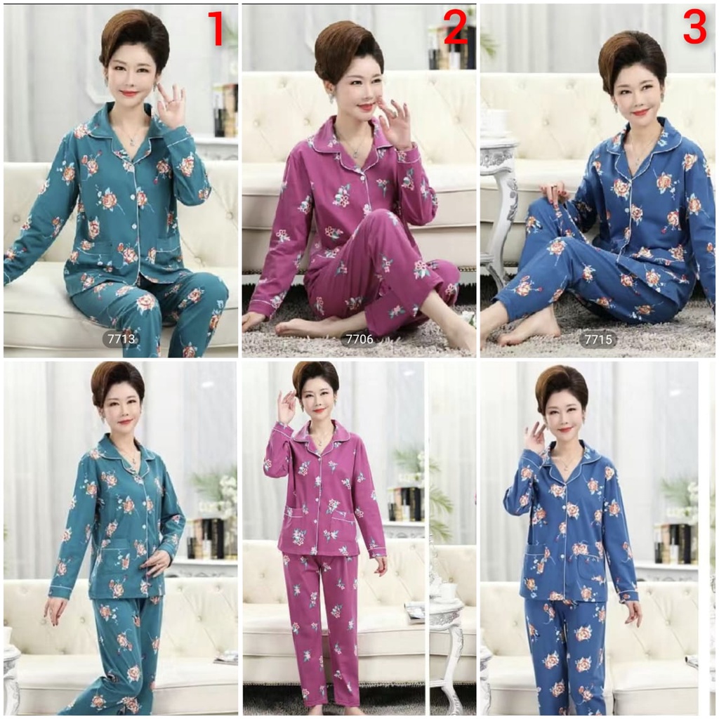 Baju tidur piyama pp bahan spandek premium motif kembang daun