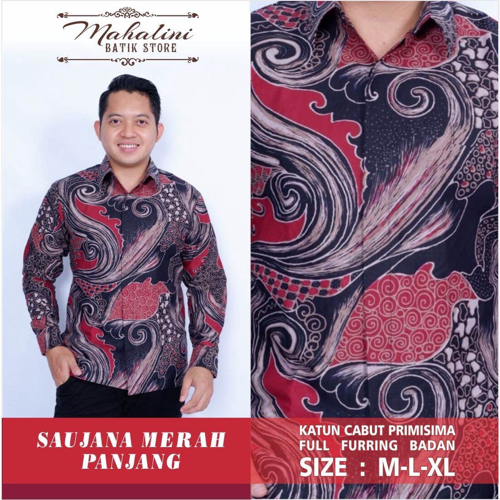 Batik pria lengan panjang warna merah terbaru/hem batik pendek kasual/baju batik kondangan /SAUJANA