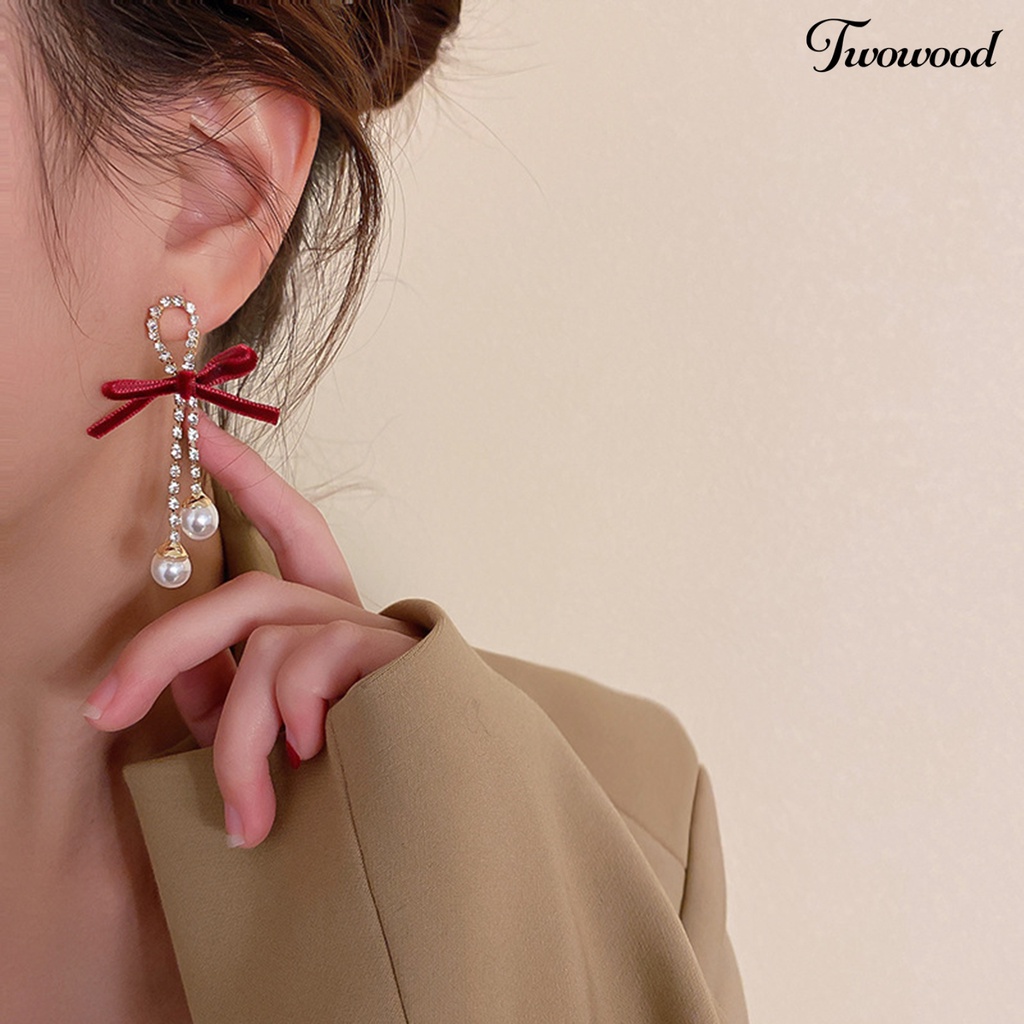 Twowood 1 Pair Dangle Earrings Bow Faux Pearls Women Shiny Rhinestones Tassels Stud Earrings for Dating