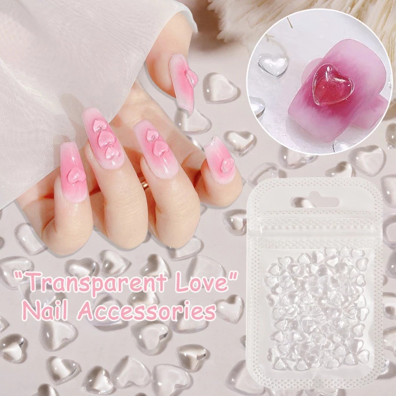 100pcs / Kantong Ornamen Bentuk Hati 3D Transparan Untuk Dekorasi Nail Art