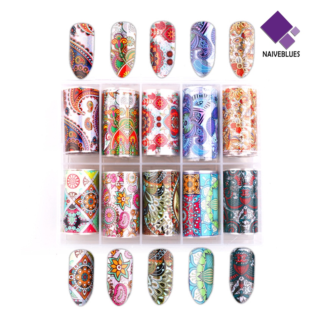 Naiveblue 10Pcs / Kotak Stiker Kuku Transfer Motif Bunga / Aurora / Langit Berbintang Untuk Dekorasi Nail Art / Manicure