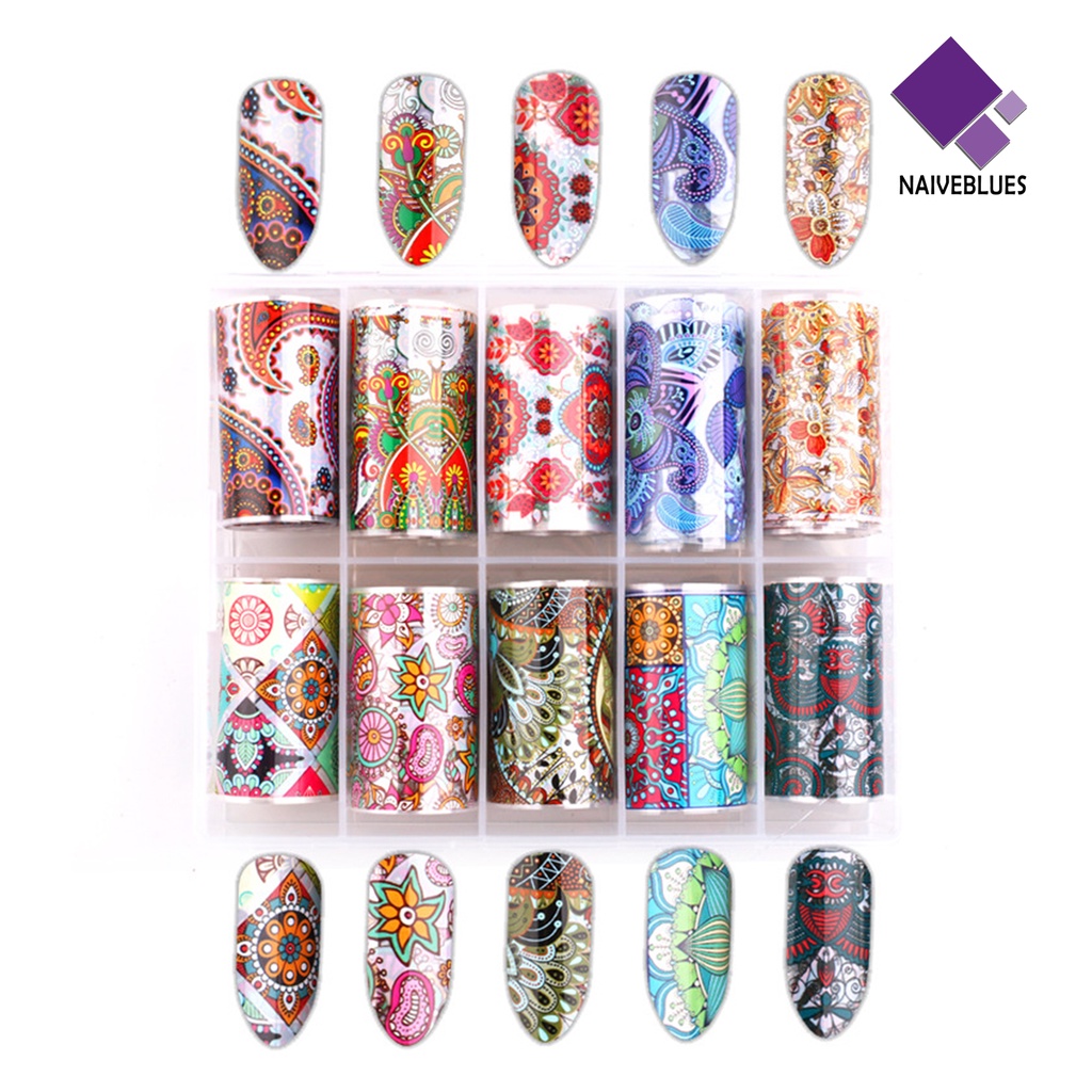 Naiveblue 10Pcs / Kotak Stiker Kuku Transfer Motif Bunga / Aurora / Langit Berbintang Untuk Dekorasi Nail Art / Manicure