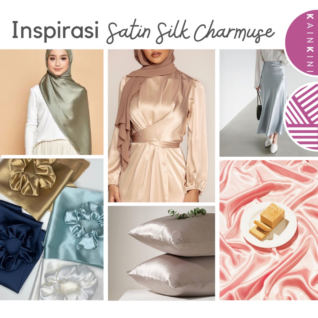 (½ meter) Kain Satin Silk Charmuse Premium Kilap Glossy Kainkini - Abu Silver Grey Perak ( Bahan Sutra Gamis Pesta Seragam Bridesmaid Background Backdrop )