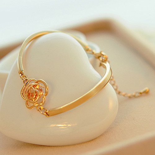 canaan Women Golden Flower Crystal Rose Bangle Cuff Chain Bracelet Chic Jewelry Present