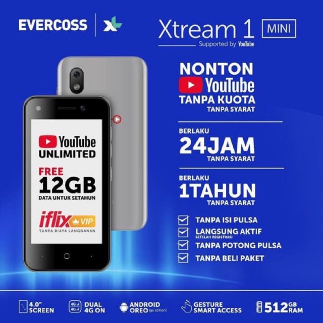 Garansi Resmi - Evercoss Xtream 1 Mini Layar 4&quot; free Youtube 1 tahun