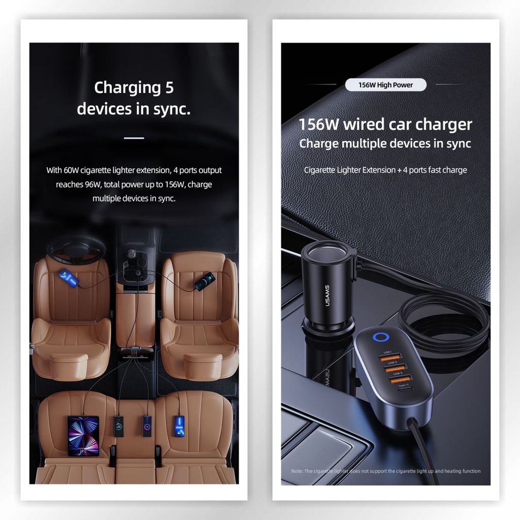 USAMS CC161 Car Charger 156W 4 USB Ports Fast Charging + Lighter Mobil