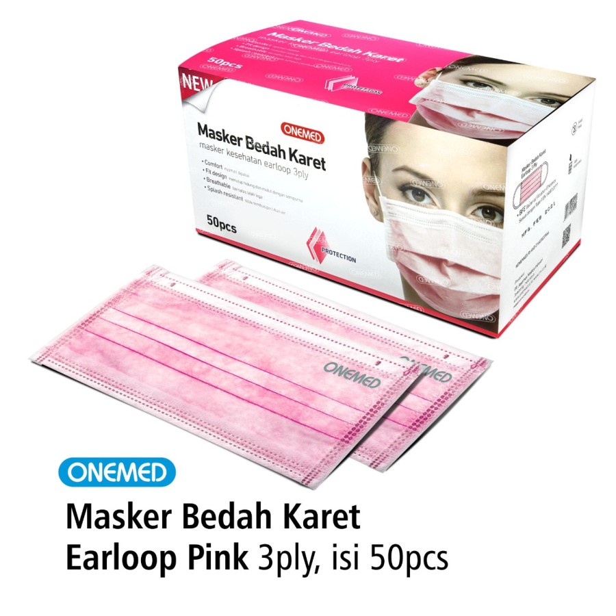 Masker Karet Pink OneMed Box 3 Ply 50pcs