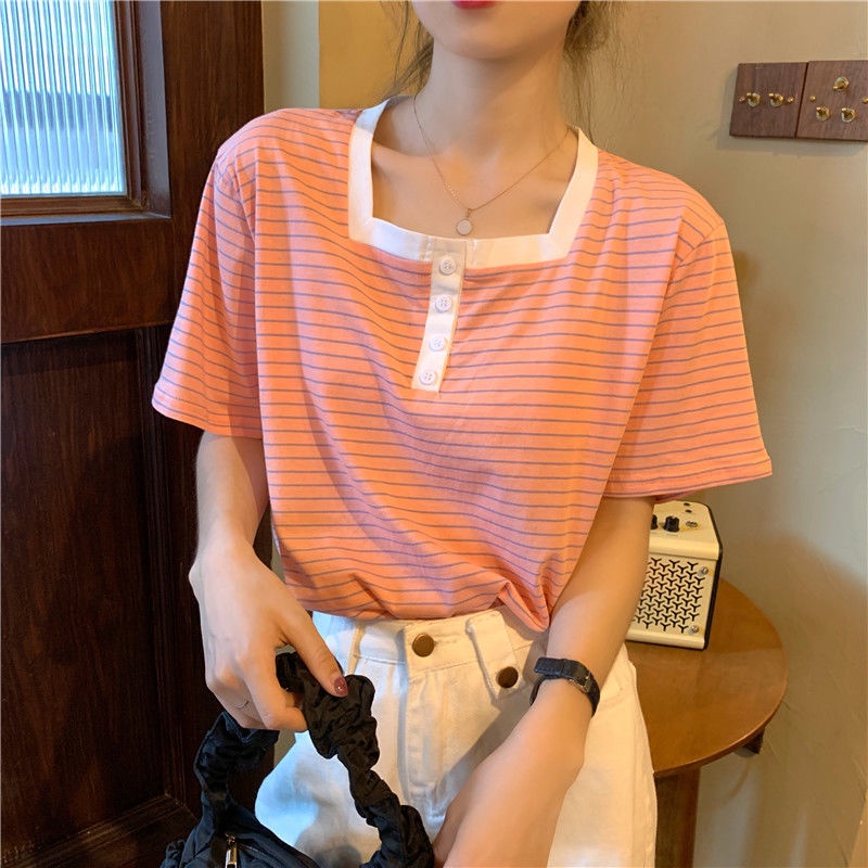 MOOGU ♡ Bergaris kaos katun wanita tshirt atasan top korea