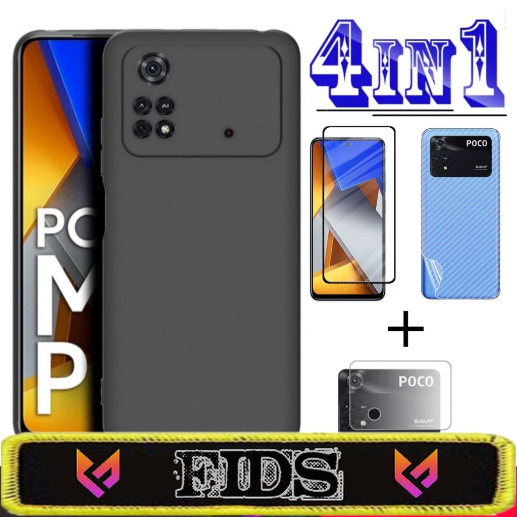 PROMO PAKET 4 IN 1 Case Xiaomi Poco M4 Pro 4G Soft Case Slim Matte Free Anti Gores Layar &amp; Anti Gores Camera &amp; Skin Carbon Handphone