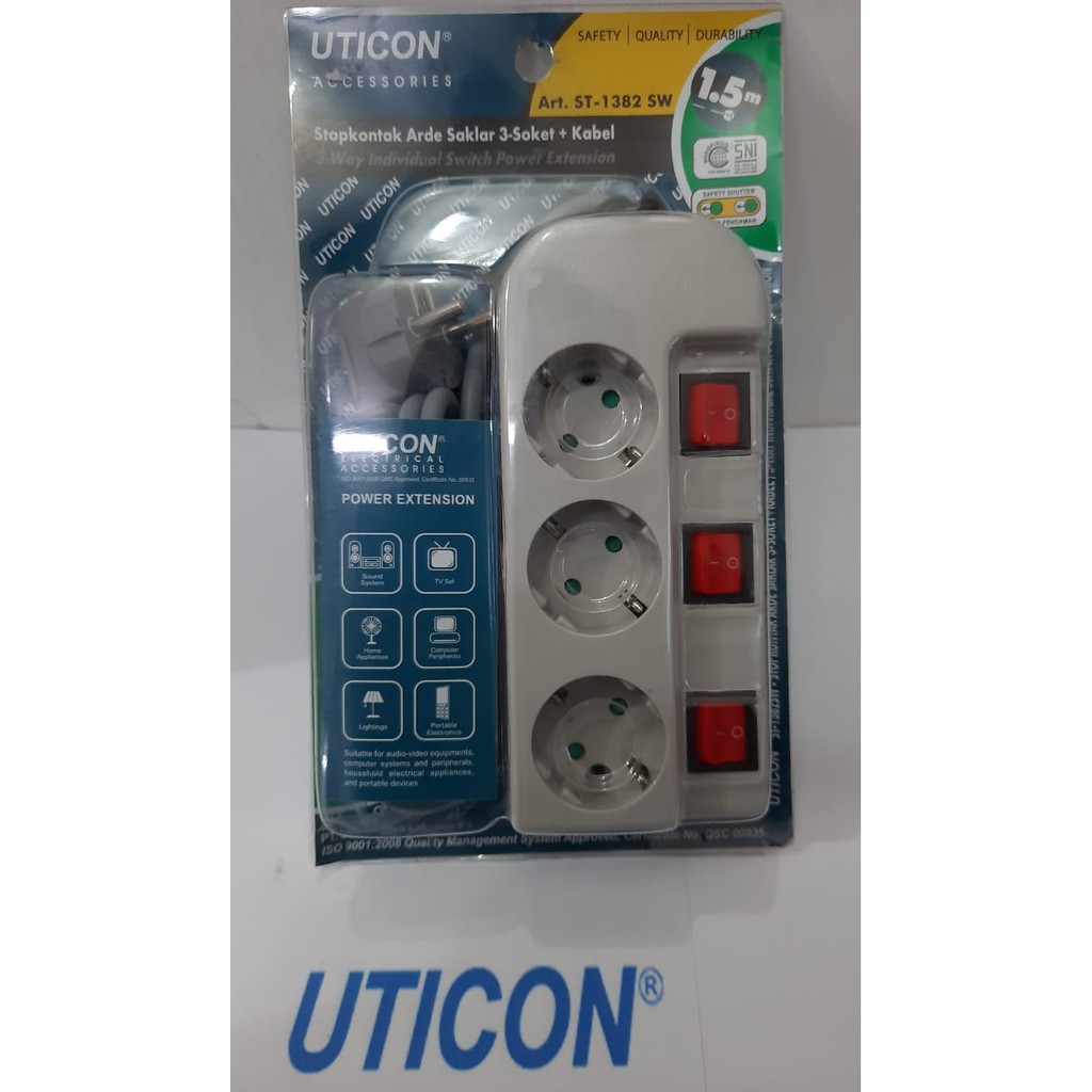 STOP KONTAK 3 LUBANG + SAKLAR TERSENDIRI KABEL 1.5M UTICON ST-1382 SW