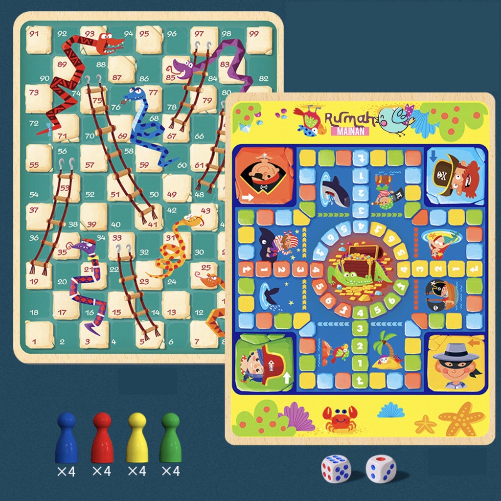 [Rumah MAINAN] Two in One Chess Mainan Edukasi Board Game Snakes and Ladders Ludo Ular Tangga Family Games Kado ulang tahun Anak