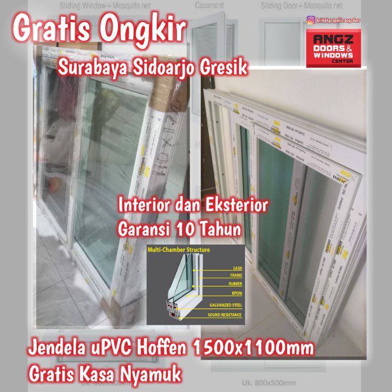 Gratis Ongkir Surabaya Sidoarjo Gresik Jendela uPVC Hoffen ukuran 1500x1100mm Kasa Nyamuk