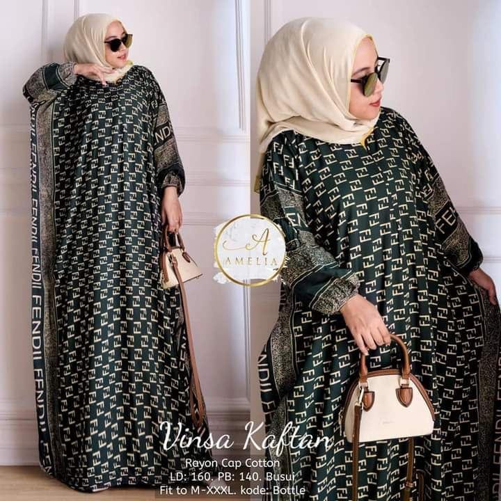 Kaftan Wanita Jumbo XXXXL- Vinsa Kaftan Motif Branded FF Lengan Panjang Busui Resleting Gamis Rayon Jumbo Kaftan Terbaru