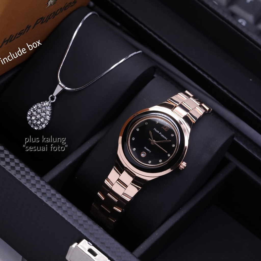Jam Tangan Wanita Hush Puppies L1009S Tali Rantai + Kalung Free Box &amp; Baterai