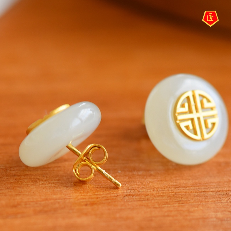 [Ready Stock]Temperament S925 Silver Inlaid White Jade Stud Earrings