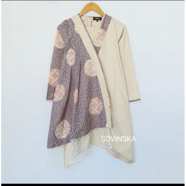 Dress Batik Kombinasi WTP 141 Cream Tunik batik Baju Kerja Wanita Lengan panjang original by Sovinsk