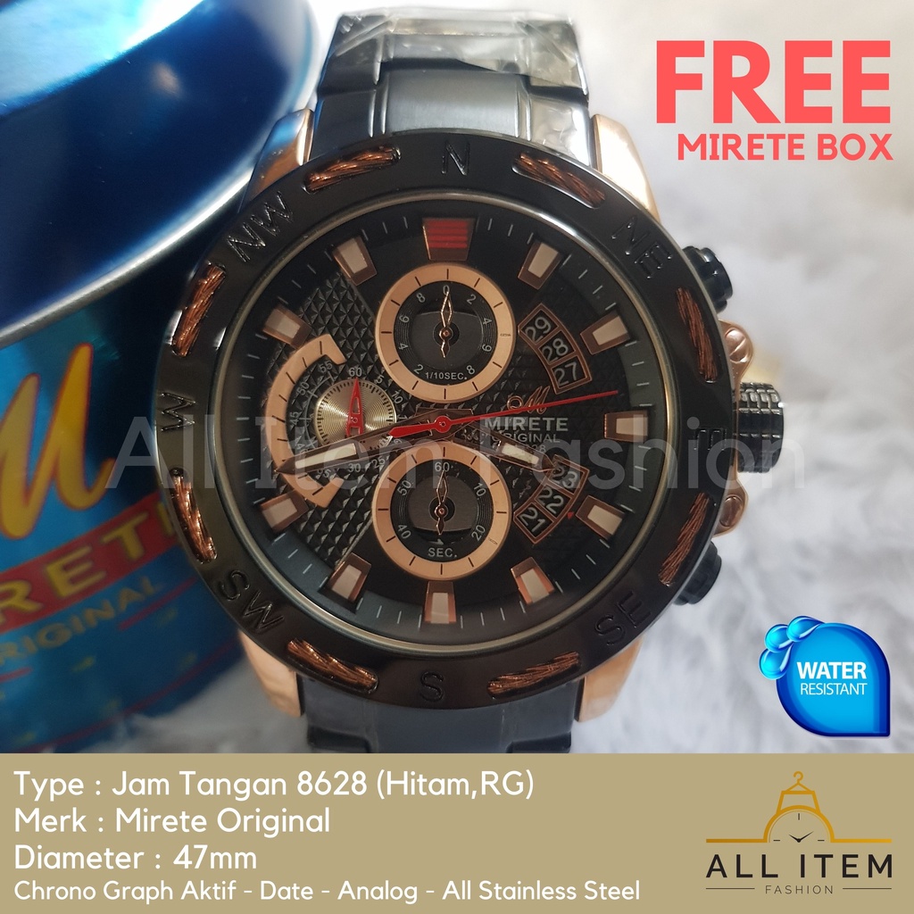 Jam Tangan Chrono Rantai MIRETE 8628 / Jam Tangan Pria Anti Air ORI / Arloji / Watches (FREE BOX)